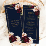 Dark Moody Burgundy Blush Navy Blue Floral Wedding Menu<br><div class="desc">Personalise this elegant wedding slim menu card easily and quickly. Simply click the Edit Using Design Tools button to edit the text,  change fonts and fonts colours. Featuring beautiful realistic burgundy,  blush peony flowers against a dark navy blue background. Matching items available in store. (c) Somerset Fine Paperie</div>