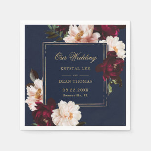 Dark Moody Burgundy Blush Navy Blue Floral Wedding Napkin