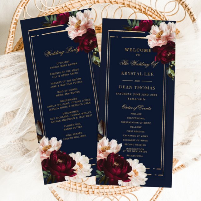 Dark Moody Burgundy Blush Navy Blue Floral Wedding Program (Creator Uploaded)