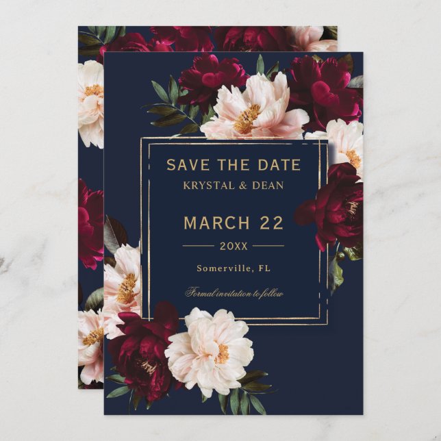 Dark Moody Burgundy Blush Navy Blue Floral Wedding Save The Date (Front/Back)