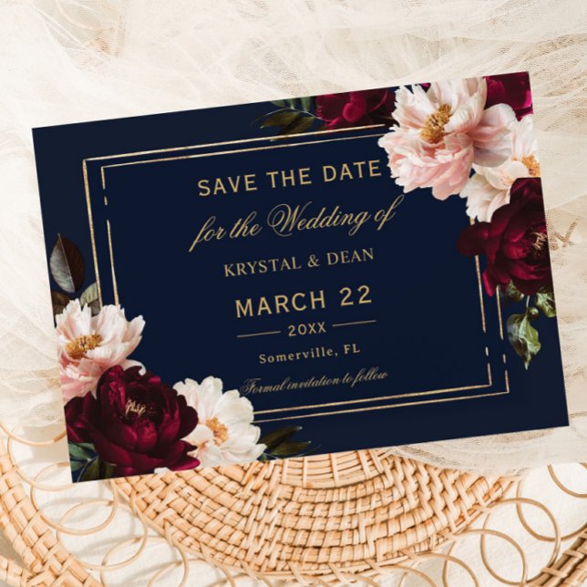 Dark Moody Burgundy Blush Navy Blue Floral Wedding Save The Date (Creator Uploaded)