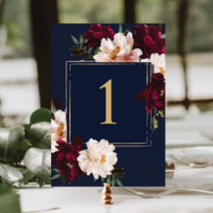 Dark Moody Burgundy Blush Navy Blue Floral Wedding Table Number