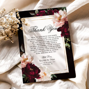 Dark Moody Burgundy Blush Navy Blue Floral Wedding Thank You Card
