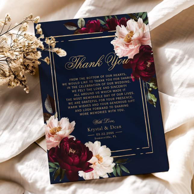 Dark Moody Burgundy Blush Navy Blue Floral Wedding Thank You Card (Creator Uploaded)