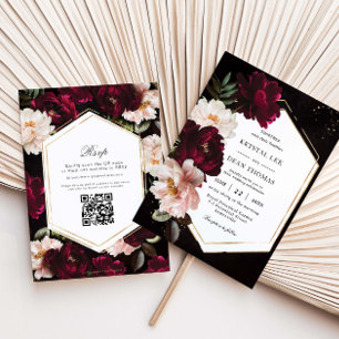 Dark Moody Burgundy Blush Peonies Wedding QR RSVP Invitation