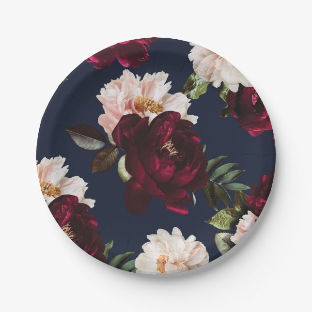 Dark Moody Burgundy Blush Peony Floral Navy Blue Paper Plate (Front)
