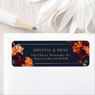 Dark Moody Burgundy Burnt Orange Floral Wedding Return Address Label