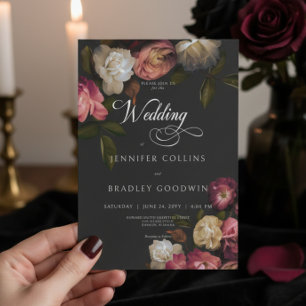 Dark Moody Burgundy & Cream Peonies Black Wedding Invitation