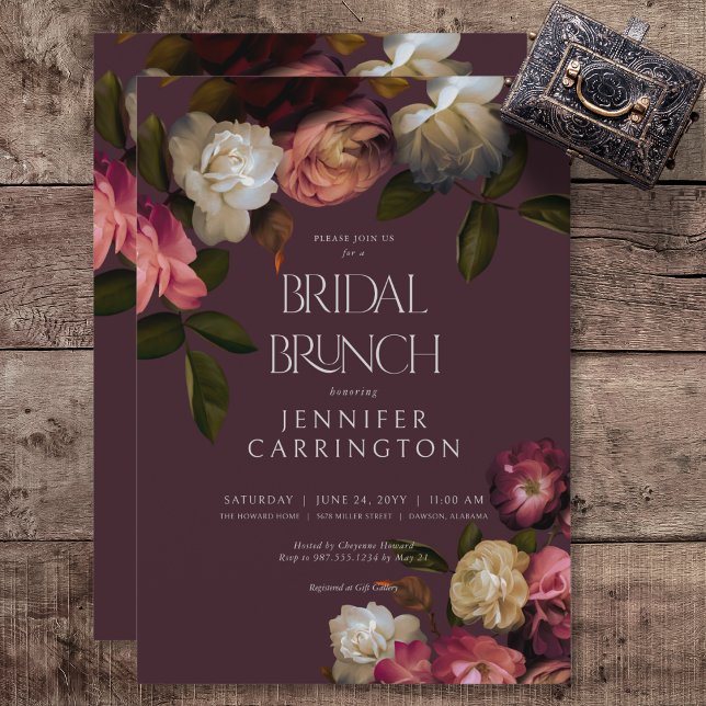 Dark Moody Burgundy & Cream Peonies Bridal Brunch Invitation (Dark Moody Pink Burgundy & Cream Peonies Bridal Brunch Invitation)