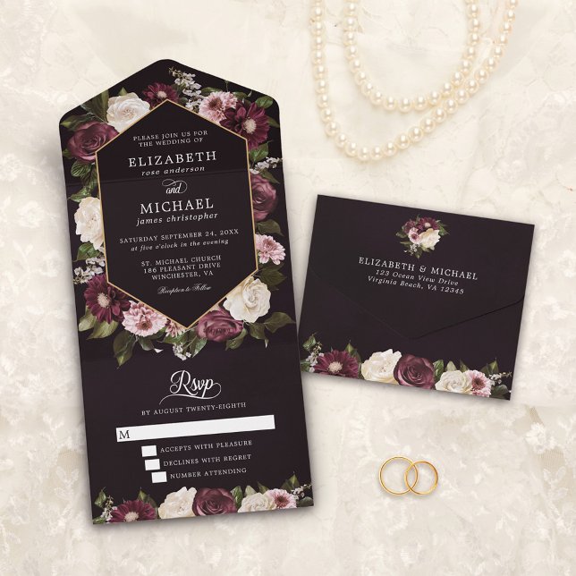 Dark Moody Burgundy Floral Elegant Wedding All In One Invitation (Creator Uploaded)