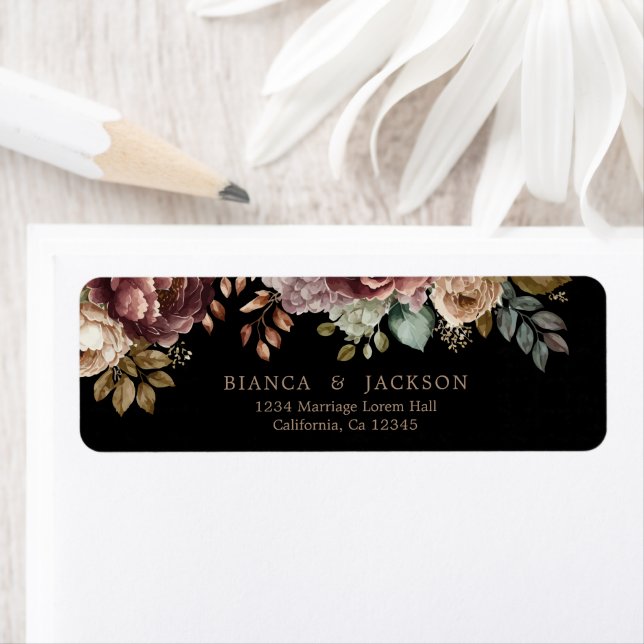 Dark moody Burgundy floral Wedding Return address Label (Insitu)