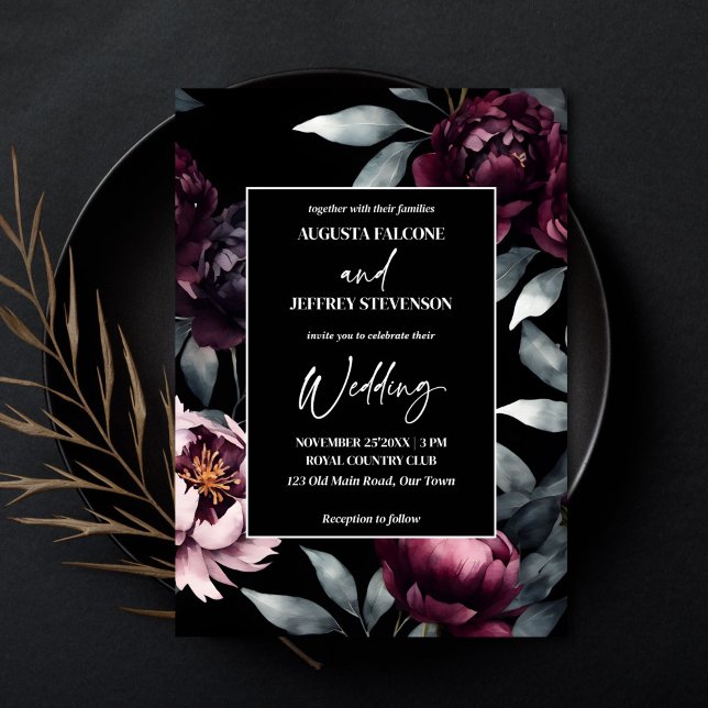 Dark moody burgundy flowers elegant all in one invitation (Dark moody burgundy flowers elegant all in one editable template wedding invitation digital download)