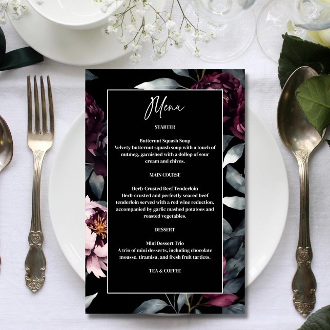 Dark moody burgundy flowers elegant wedding menu (Dark moody burgundy flowers elegant wedding menu template card black themed function menu drink list)