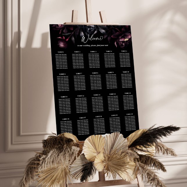 Dark moody burgundy flowers seating plan poster (Dark moody burgundy flowers wedding seating plan editable template poster digital download)