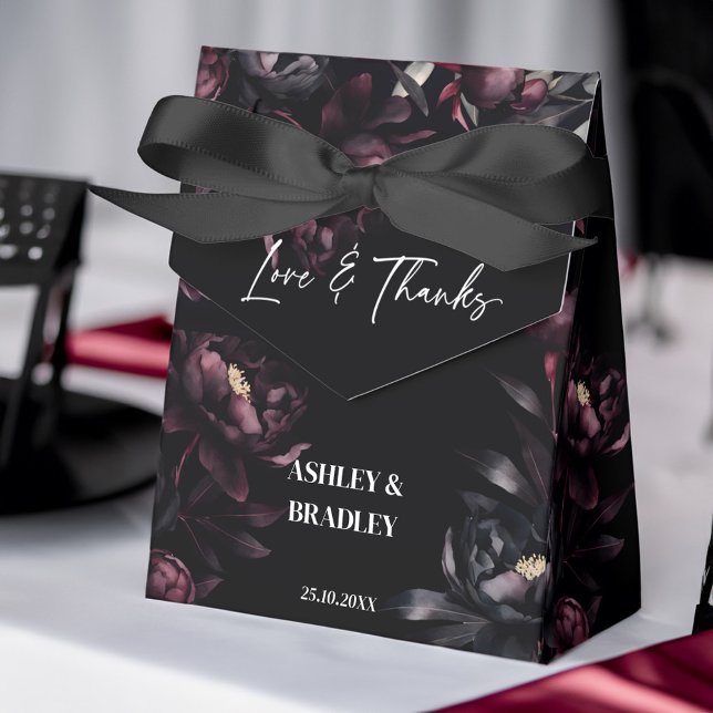 Dark moody burgundy flowers wedding favours favour box (Dark moody burgundy flowers wedding favors personalized template favor box black themed wedding box)