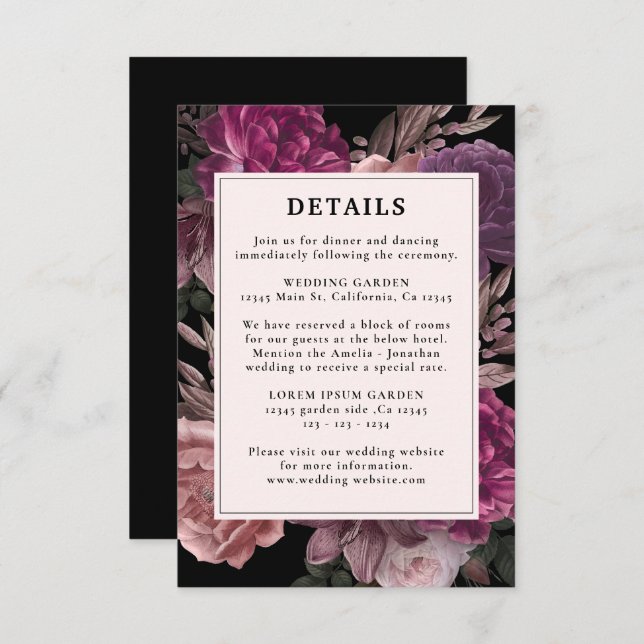 Dark Moody Burgundy & Maroon Floral Black Wedding Enclosure Card (Front/Back)
