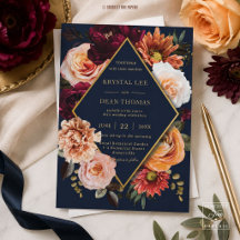 Dark Moody Burgundy Orange Floral Navy Wedding