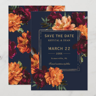 Dark Moody Burgundy Orange Navy Floral Wedding Save The Date