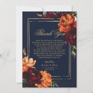 Dark Moody Burgundy Orange Navy Floral Wedding Thank You Card