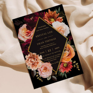 Dark Moody Burgundy Orange Rust Floral Wedding Invitation