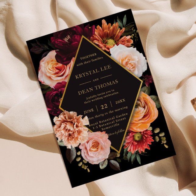 Dark Moody Burgundy Orange Rust Floral Wedding Invitation (Creator Uploaded)