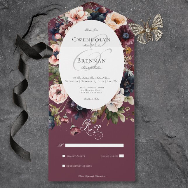 Dark Moody Burgundy Oval Floral Frame No Dinner All In One Invitation (Dark Moody Burgundy Oval Floral Frame No Dinner All In One Invitation)