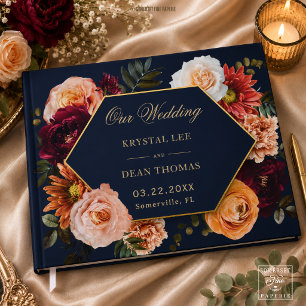 Dark Moody Burgundy Rust Navy Blue Floral Wedding Guest Book