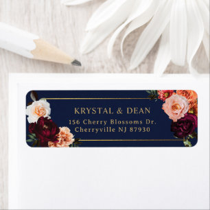 Dark Moody Burgundy Rust Navy Blue Floral Wedding Return Address Label