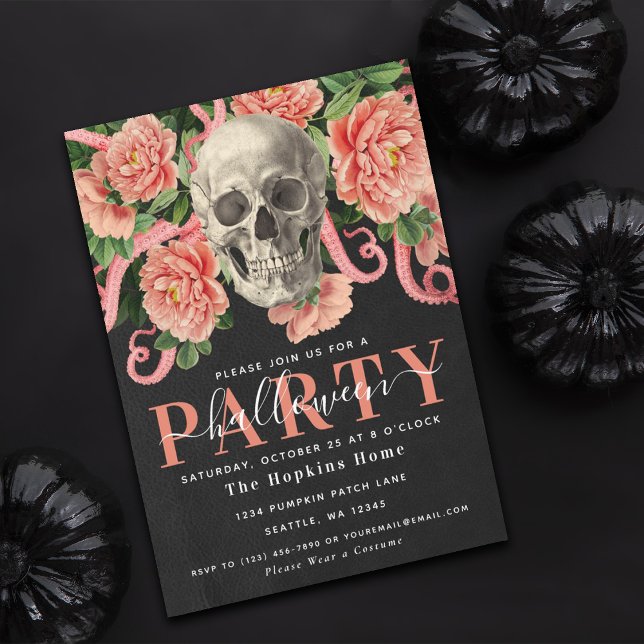 Dark Moody Coral Skull Floral Halloween Party Invitation (Creator Uploaded)