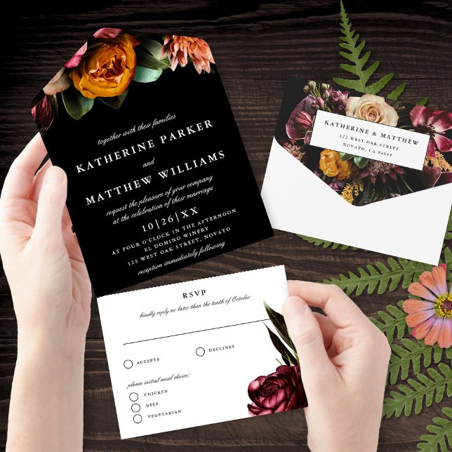 Dark + Moody Elegant Floral Black Wedding  All In One Invitation (Creator Uploaded)