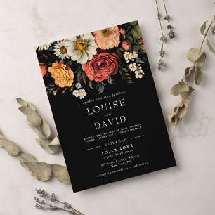 Dark Moody Elegant Floral Black Wedding Invitation