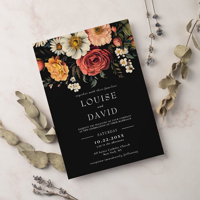 Dark Moody Elegant Floral Black Wedding Invitation (Creator Uploaded)