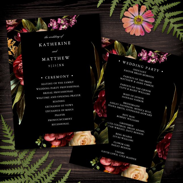 Dark + Moody Elegant Floral Black Wedding Program (Creator Uploaded)