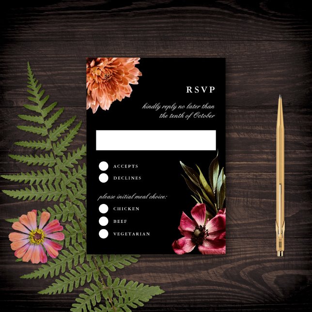 Dark + Moody Elegant Floral Black Wedding Reply  RSVP Card (Creator Uploaded)