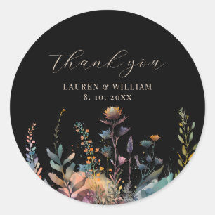 Dark Moody Elegant Floral Black Wedding Thank You Classic Round Sticker