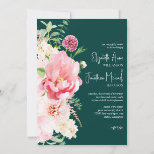 Dark Moody Emerald Blush Floral Stylish Script Invitation