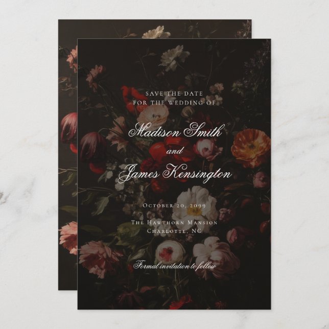 Dark Moody Fall Autumn Flowers Wedding Save The Date (Front/Back)