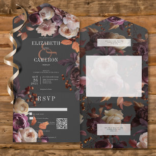 Dark Moody Fall Burgundy & Cream Peonies QR Code All In One Invitation