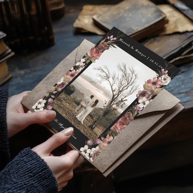 Dark Moody Floral Autumn Photo Save the Date Invitation (Creator Uploaded)