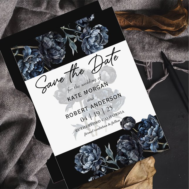Dark Moody Floral Blue Wedding Save The Date Card (Creator Uploaded)