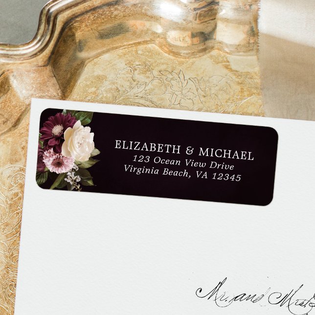 Dark Moody Floral Burgundy Wedding Return Address Label (Creator Uploaded)