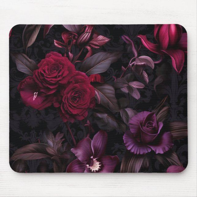 Dark Moody Floral Elegant Black & Burgundy Mouse Pad (Front)