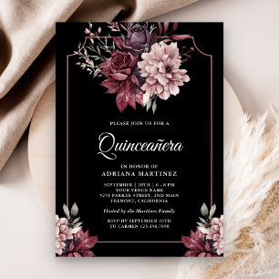 Dark Moody Floral Frame Black Quinceanera Invitation