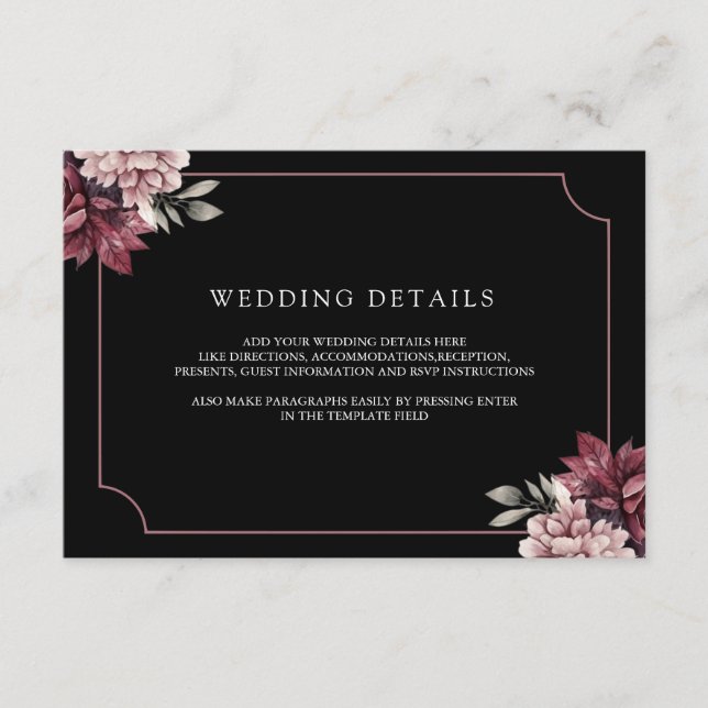 Dark Moody Floral Frame Black Wedding Details Enclosure Card (Front)