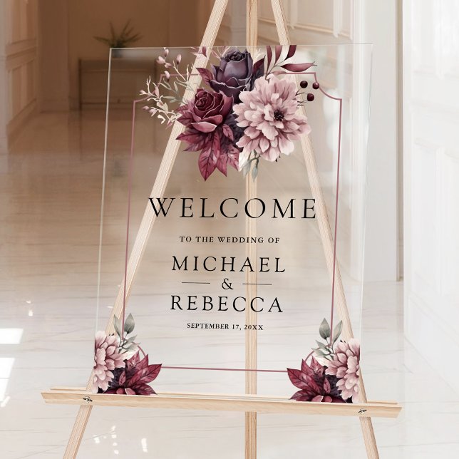 Dark Moody Floral Frame Wedding Welcome Acrylic Sign (Creator Uploaded)