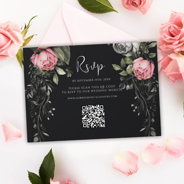 Dark Moody Floral QR Code Wedding RSVP Card (Dark Moody Floral QR Code Wedding RSVP Card)