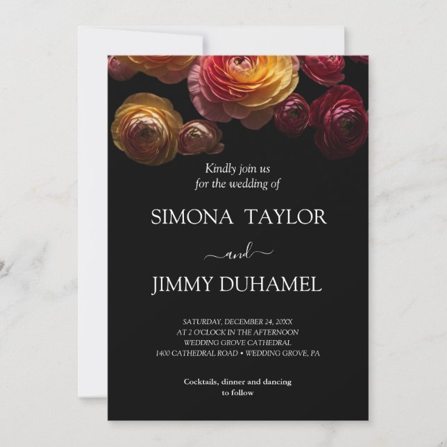 Dark Moody Floral Ranunculus wedding Invitation (Front)
