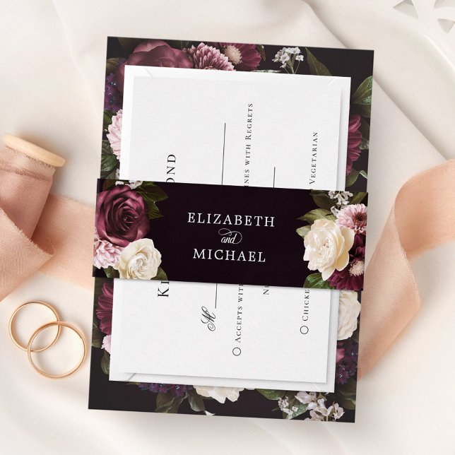Dark Moody Floral Romantic Wedding Invitation Belly Band (Creator Uploaded)