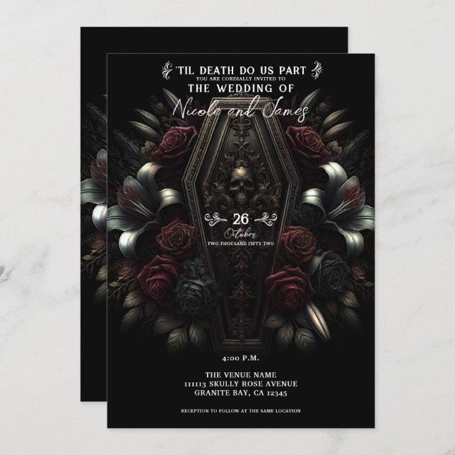 Dark Moody Floral Skull Coffin Gothic Wedding  Invitation (Front/Back)