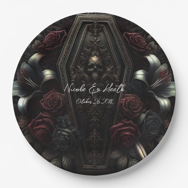 Dark Moody Floral Skull Coffin Gothic Wedding  Paper Plate (Front)
